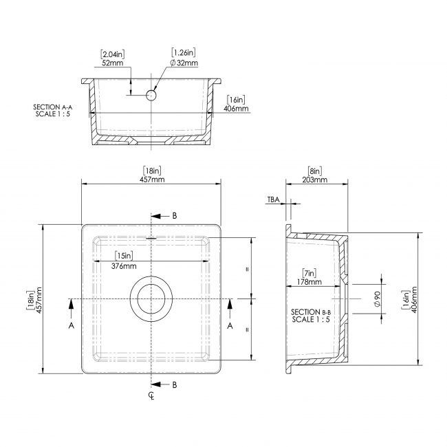 Nuie Undermount Fireclay Kitchen Sink 1.0 Bowl with Overflow 457mm L x 457mm W - Soft Black