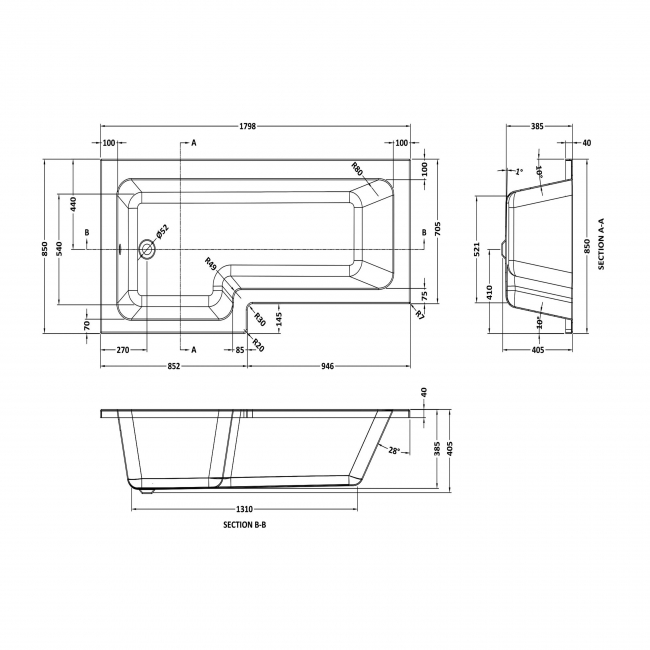 Nuie LShaped Bath NSK801S 1800mm x 850mm Acrylic