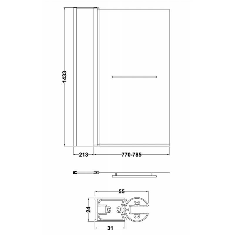 Nuie Pacific Square Hinged Bath Screen with Fixed Panel and Towel Bar 1433mm H x 998mm W - 6mm Glass