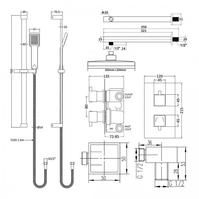 Nuie Twin Square Thermostatic Concealed Complete Mixer Shower with Diverter - Chrome