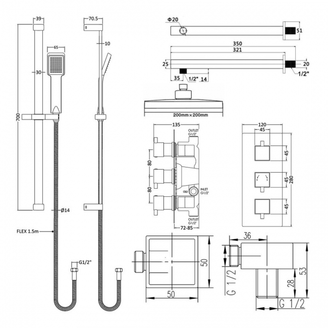 Nuie Triple Square Thermostatic Concealed Complete Mixer Shower - Chrome