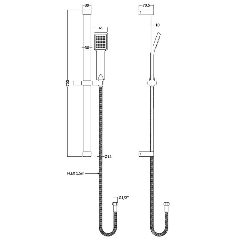 Nuie Square Slider Rail Shower Kit 700mm High - Chrome