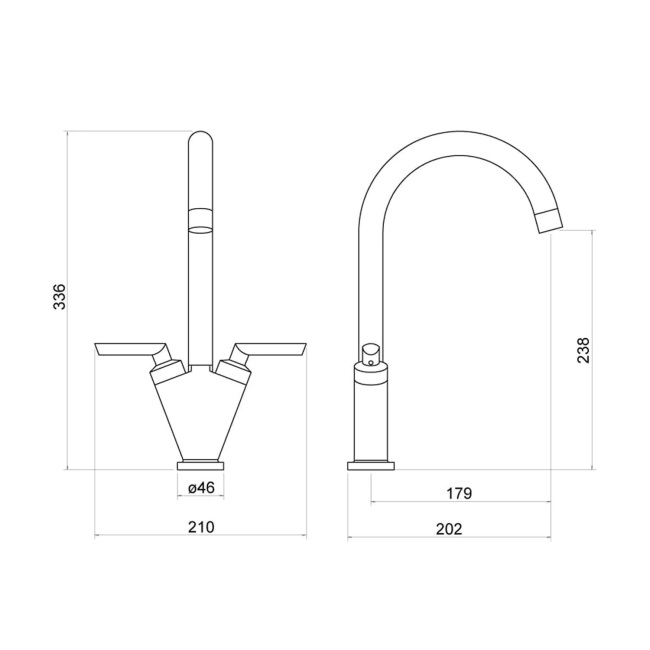 Nuie Sutna Kitchen Sink Mixer Tap Dual Lever Handle - Brushed Nickel  | Dimension Image
