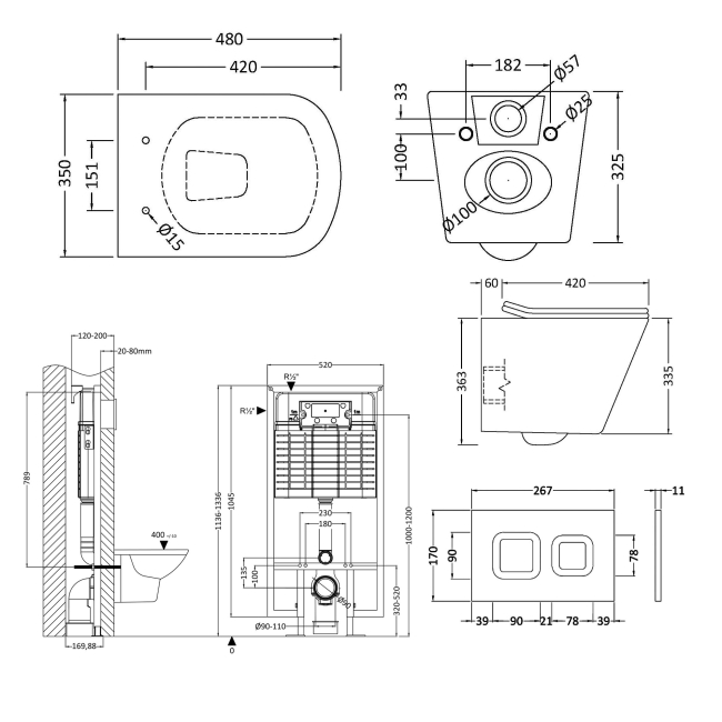 Nuie Square Wall Hung Pan with White Flush Plate and 5-in-1 Frame (including Soft Close Seat)  | Dimension Image