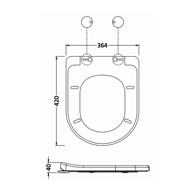 Nuie Luxury D-Shaped Toilet Seat with Soft Close Quick Release Hinges 364mm Wide - White  | Dimension Image