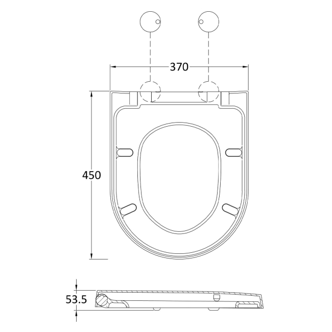 Nuie Luxury D-Shaped Toilet Seat with Soft Close Quick Release Hinges Black Cover Cap 370mm Wide - White  | Dimension Image