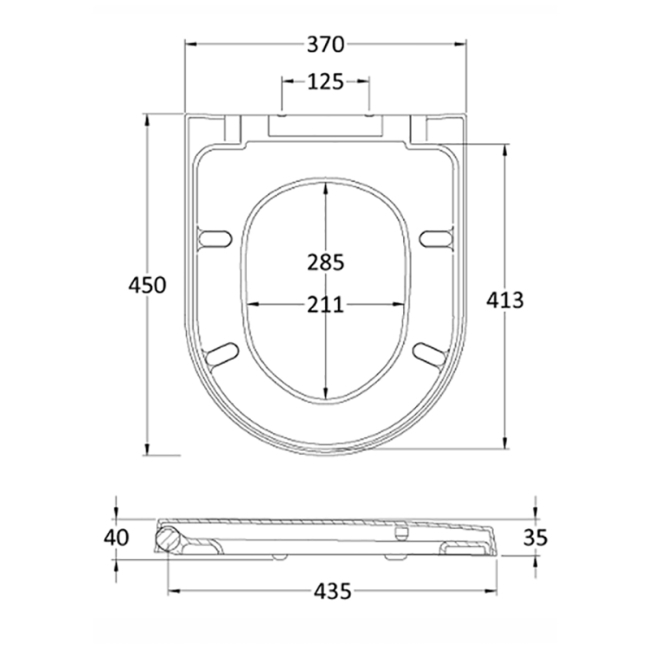 Nuie Luxury D-Shaped Toilet Seat with Soft Close Quick Release Hinges 370mm Wide - White  | Dimension Image