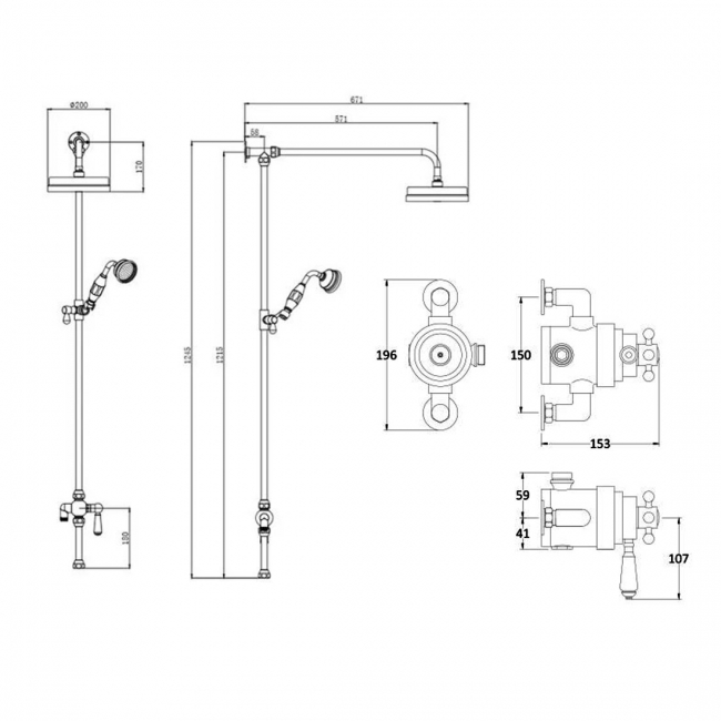 Nuie Traditional Dual Exposed Shower Valve and Rigid Riser Kit with Diverter - Chrome  | Dimension Image