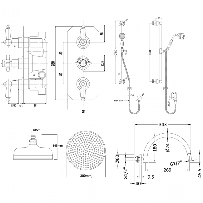 Nuie Traditional Triple Concealed Shower Valve with Slide Rail Kit and Fixed Shower Head - Chrome