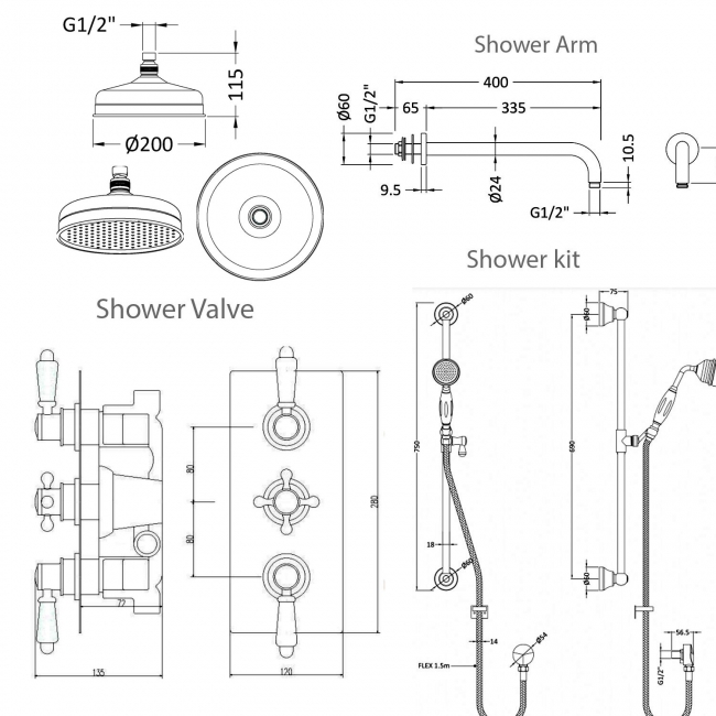 Nuie Traditional Concealed Shower Valve with Slider Rail Kit and Fixed Shower Head - Chrome