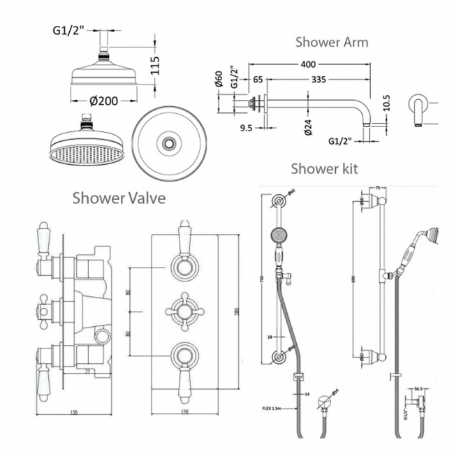 Nuie Traditional Concealed Shower Valve with Slider Rail Kit and Fixed Shower Head - Chrome  | Dimension Image