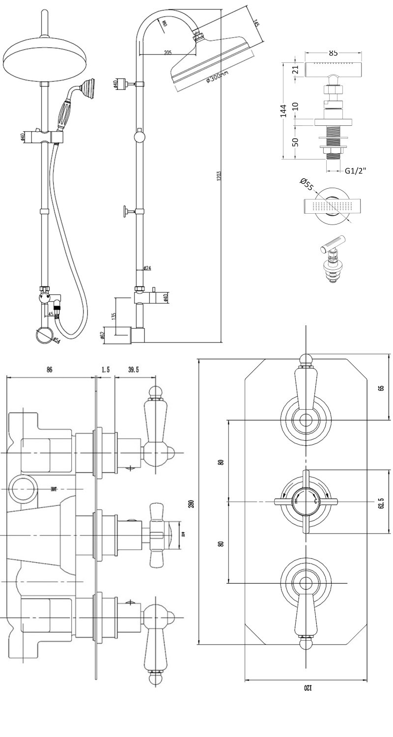 Nuie Traditional Triple Concealed Shower Valve with Rigid Riser Kit and 4 Body Jets - Chrome