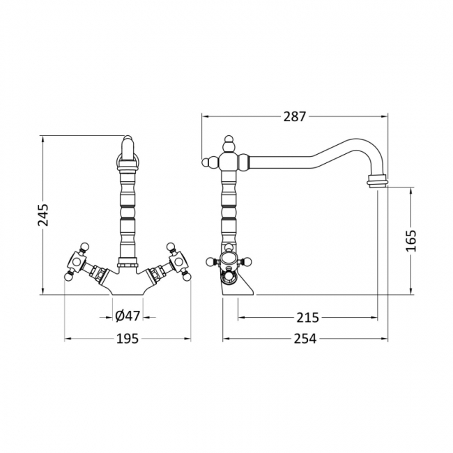Nuie French Mono Kitchen Sink Mixer Tap Swivel Spout Dual Handle - Chrome
