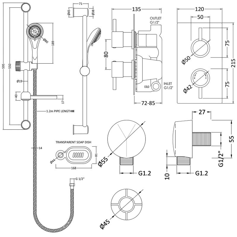 Nuie Twin Round Thermostatic Concealed Shower Valve with Slider Rail Kit - Chrome