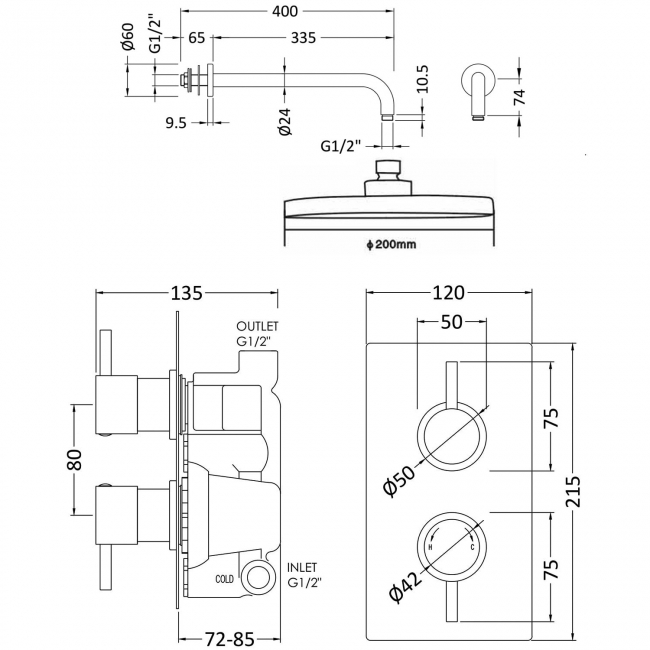 Nuie Twin Round Thermostatic Concealed Shower Valve with Fixed Head and Arm - Chrome