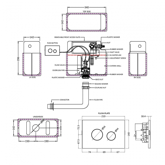Nuie Universal Access Pneumatic Dual Flush Toilet Concealed Cistern with Matt Black Rectangular Flush Plate