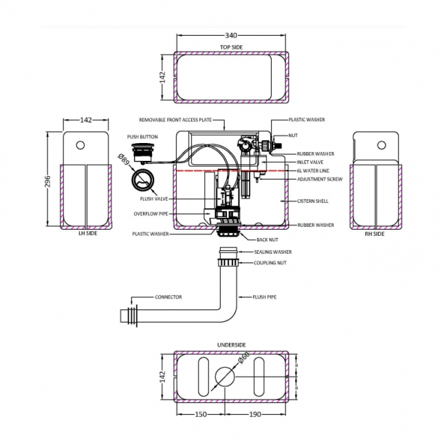 Nuie Universal Access Pneumatic Dual Flush Toilet Concealed Cistern with Chrome Round Flush Plate