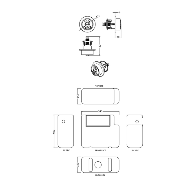 Nuie Universal Access Concealed Toilet Cistern Side Inlet with Traditional Brushed Brass Flush Plate  | Dimension Image