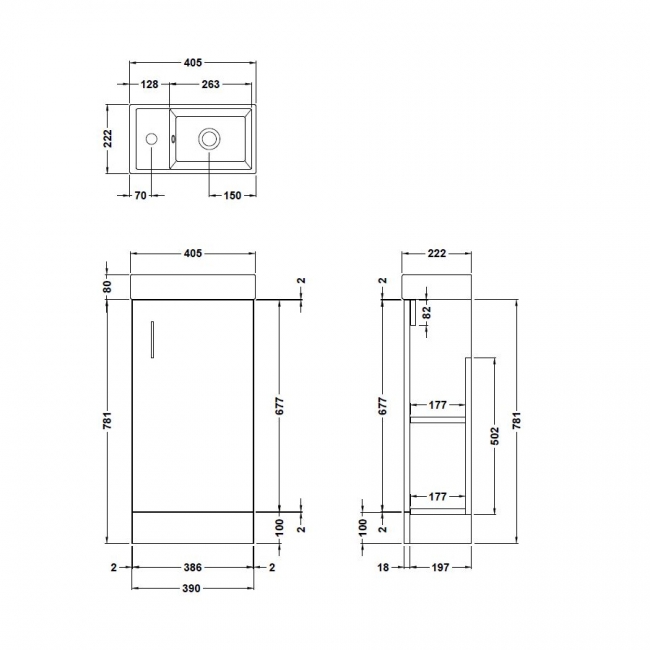 Nuie Vault Floor Standing 1-Door Vanity Unit with Basin 400mm Wide - Satin Anthracite  | Dimension Image