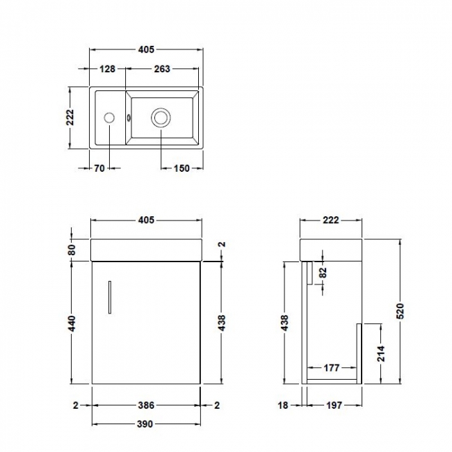 Nuie Vault Wall Hung 1-Door Vanity Unit with Basin 400mm Wide - Satin Anthracite  | Dimension Image