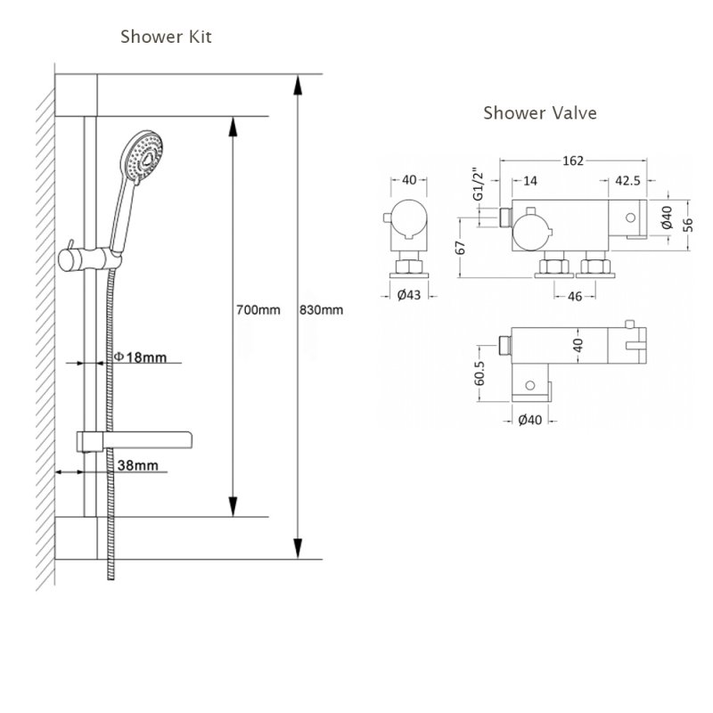 Nuie Vertical Thermostatic Bar Shower Valve with Slider Shower Kit - Chrome