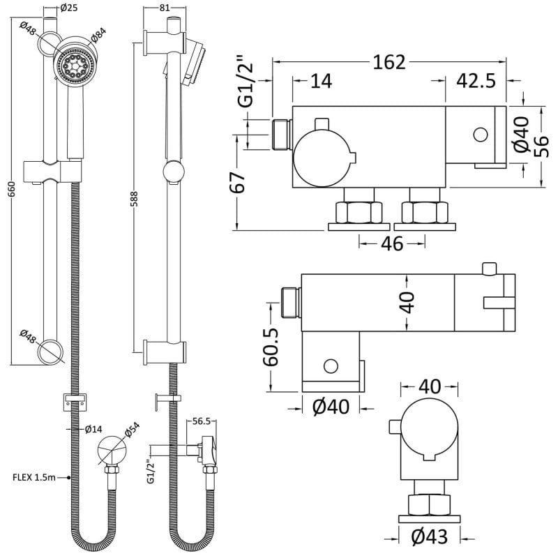Nuie Vertical Thermostatic Bar Shower Valve with Multi Function Slider Rail Kit - Chrome