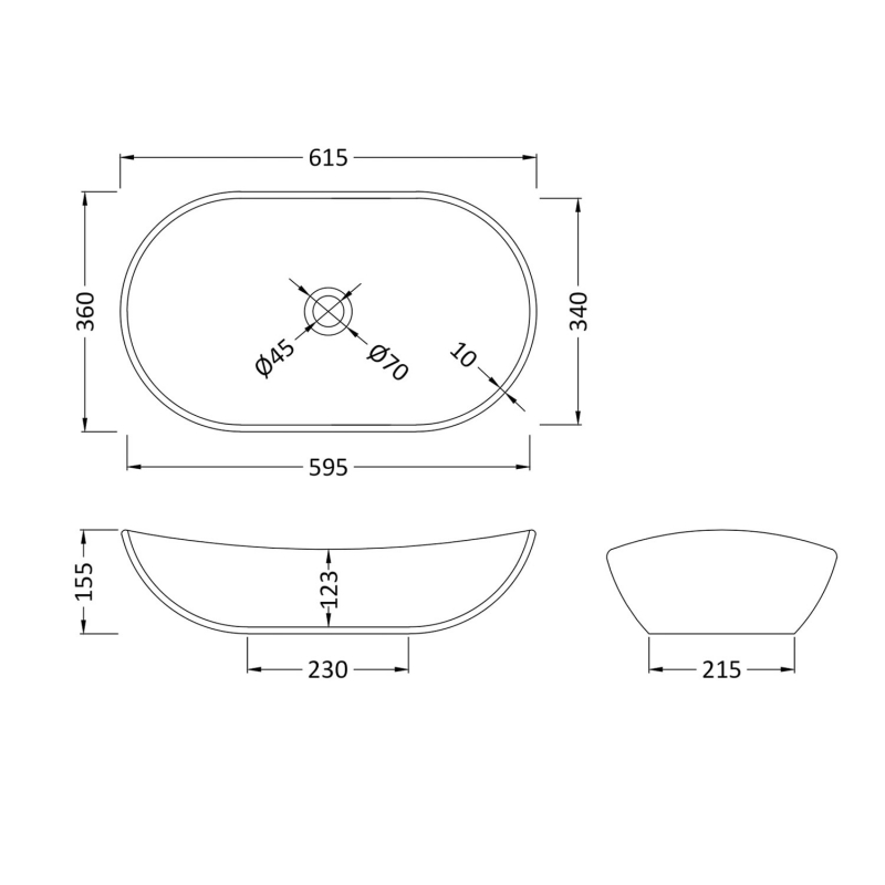 Nuie Vessel Oval Sit-On Countertop Basin 615mm Wide - Matt Black