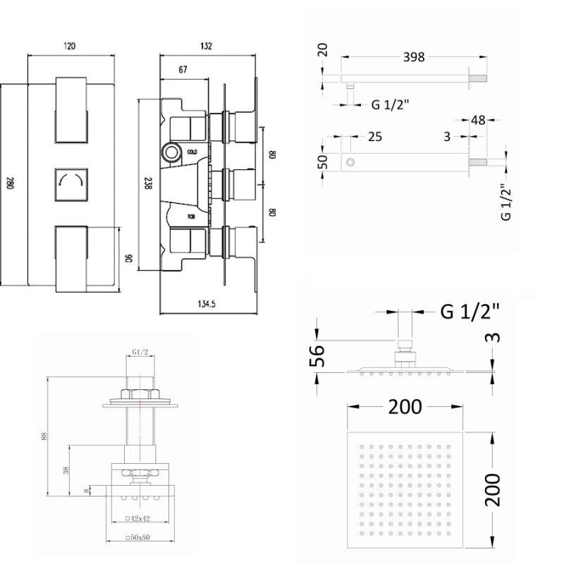 Nuie Vibe Concealed Thermostatic Triple Shower Valve with Fixed Shower Head and Body Jet - Chrome