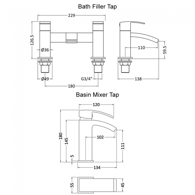 Nuie Vibe Mono Basin Mixer Tap and Bath Filler Tap Pillar Mounted - Chrome