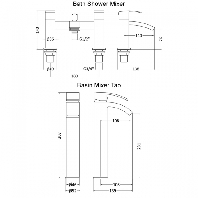 Nuie Vibe Tall Mono Basin Mixer Tap and Bath Shower Mixer Tap Pillar Mounted - Chrome