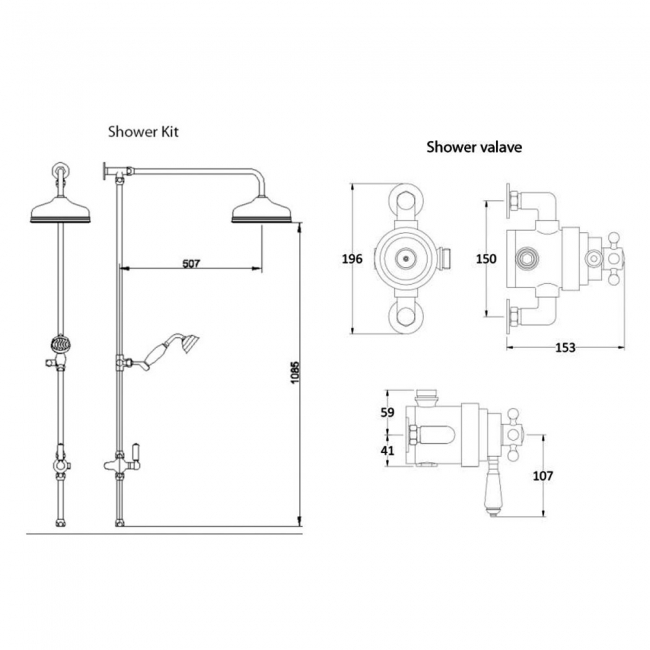 Nuie Victorian Exposed Shower Valve with Rigid Riser Kit - Chrome