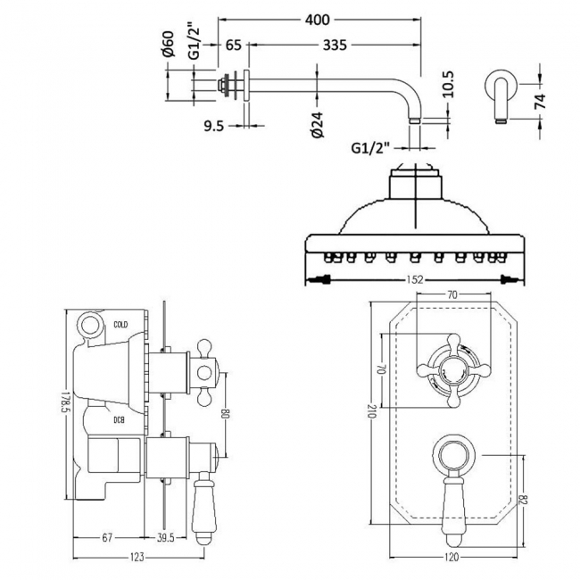 Nuie Victorian Twin Square Thermostatic Concealed Shower Valve with Fixed Head and Arm - Chrome