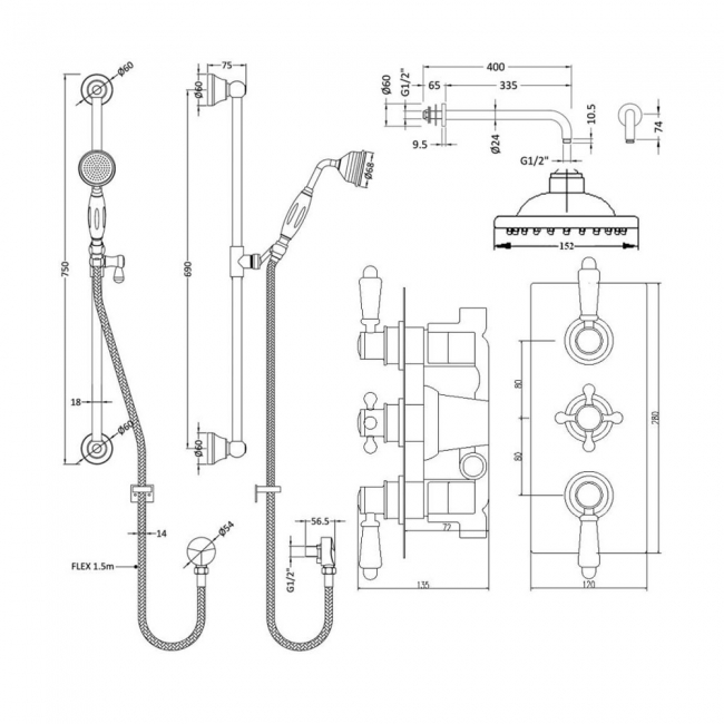 Nuie Victorian Square Triple Thermostatic Concealed Complete Mixer Shower - Chrome