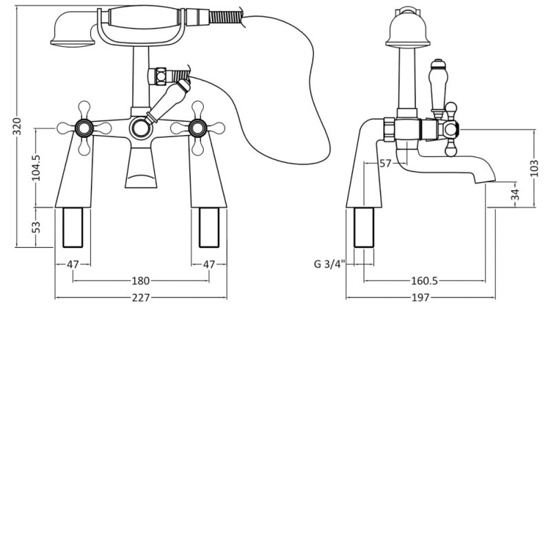 Nuie Viscount Small Handset Bath Shower Mixer Tap Pillar Mounted - Chrome