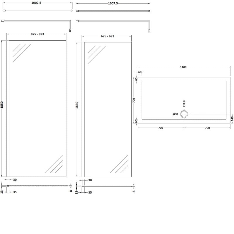 Nuie Walk-In Shower Enclosure 1400mm x 700mm (900mm+700mm Glass) with Tray