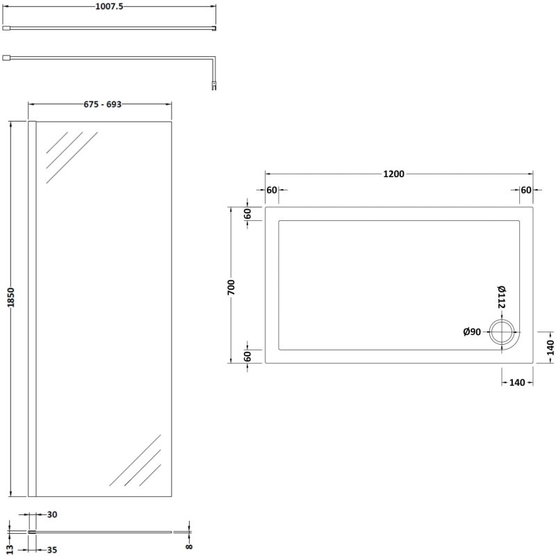 Nuie Walk-In Shower Enclosure 1200mm x 700mm (700mm+700mm Glass) with Tray