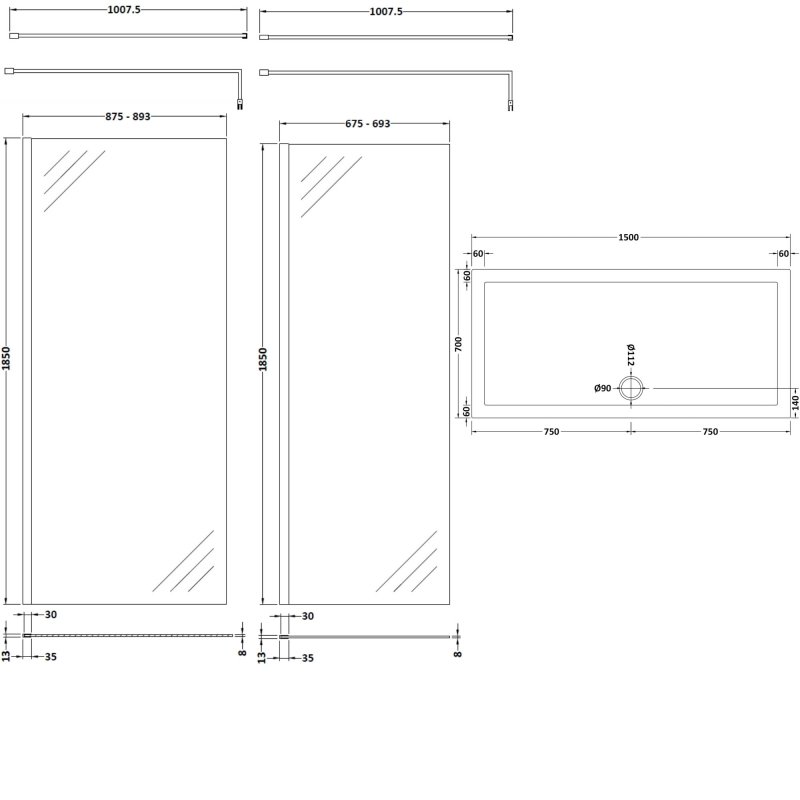 Nuie Walk-In Shower Enclosure 1500mm x 700mm (900mm+700mm Glass) with Tray