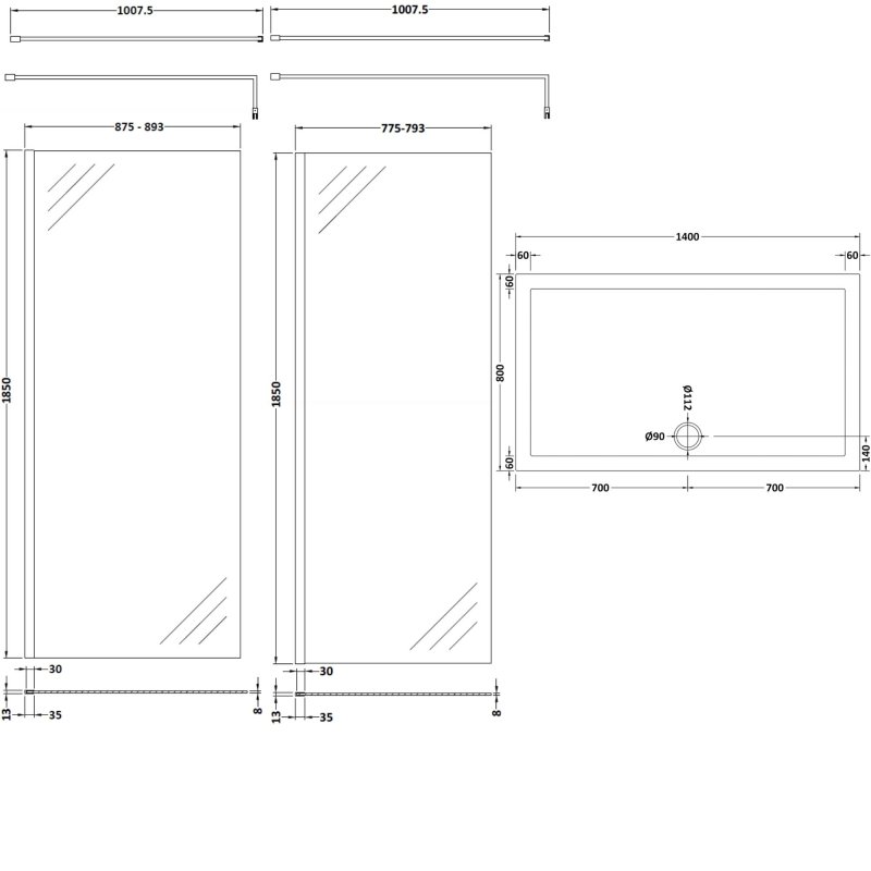 Nuie Walk-In Shower Enclosure 1400mm x 800mm (900mm+800mm Glass) with Tray