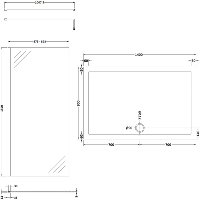 Nuie Walk-In Shower Enclosure 1400mm x 900mm (900mm+900mm Glass) with Tray
