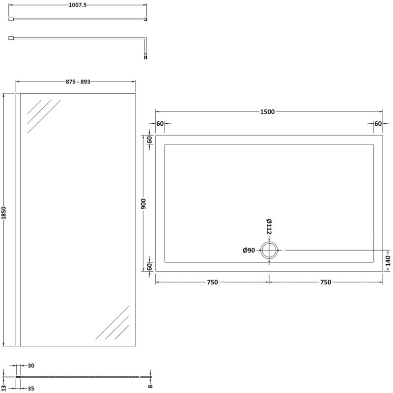 Nuie Walk-In Shower Enclosure 1500mm x 900mm (900mm+900mm Glass) with Tray