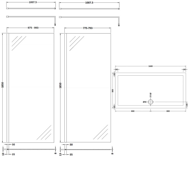 Nuie Walk-In Shower Enclosure 1600mm x 800mm (1000mm+800mm Glass) with Tray