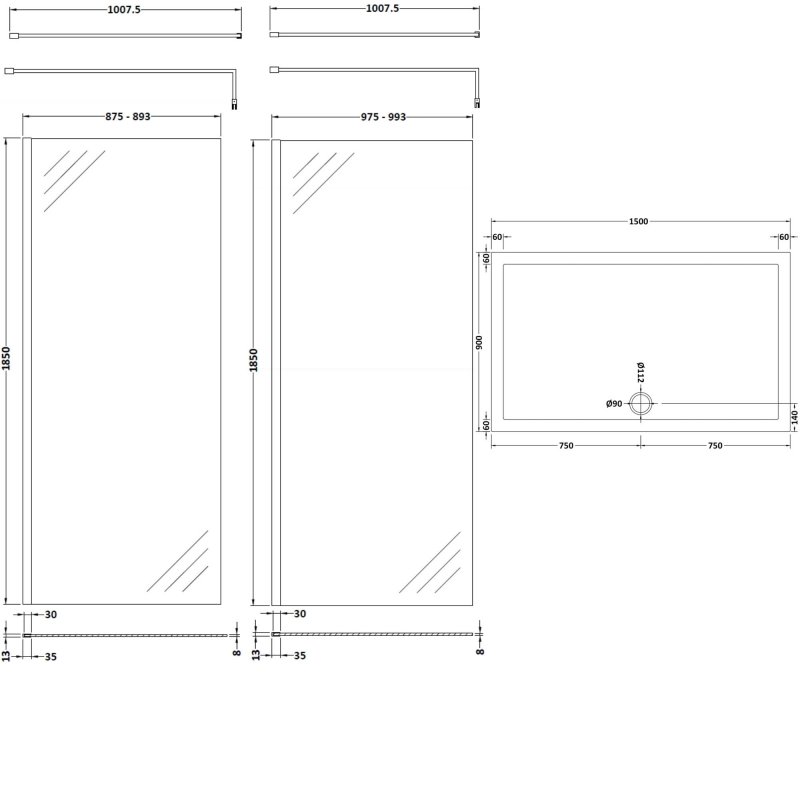 Nuie Walk-In Shower Enclosure 1500mm x 900mm (1000mm+900mm Glass) with Tray