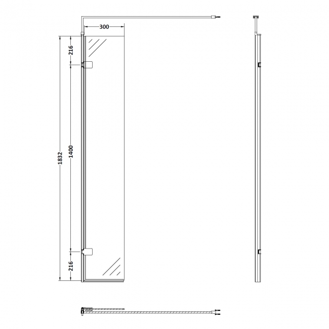 Nuie Wet Room Hinged Return Panel 1850mm High x 300mm Wide 8mm Glass - Brushed Pewter