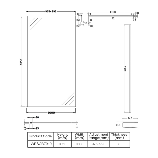 Nuie Wet Room Screen 1850mm High x 1000mm Wide with Support Bar 8mm Glass - Brushed Bronze  | Dimension Image