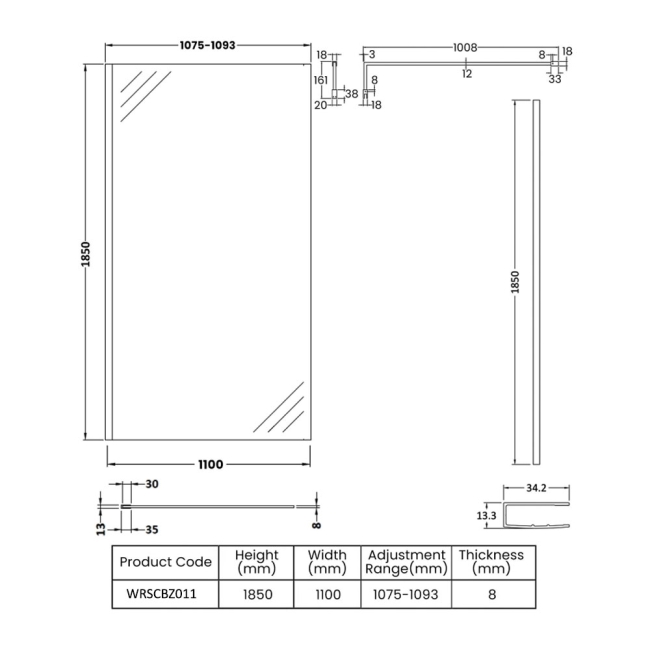 Nuie Wet Room Screen 1850mm High x 1100mm Wide with Support Bar 8mm Glass - Brushed Bronze  | Dimension Image