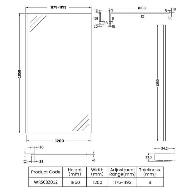 Nuie Wet Room Screen 1850mm High x 1200mm Wide with Support Bar 8mm Glass - Brushed Bronze  | Dimension Image