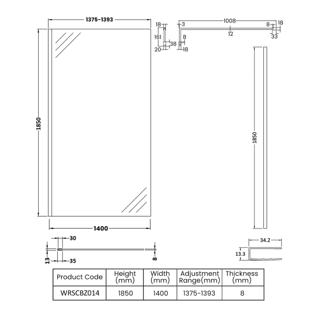 Nuie Wet Room Screen 1850mm High x 1400mm Wide with Support Bar 8mm Glass - Brushed Bronze  | Dimension Image