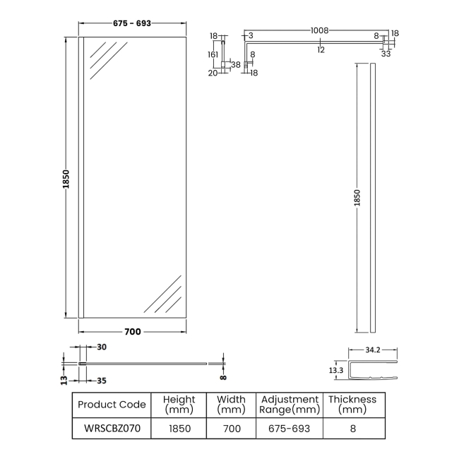 Nuie Wet Room Screen 1850mm High x 700mm Wide with Support Bar 8mm Glass - Brushed Bronze  | Dimension Image