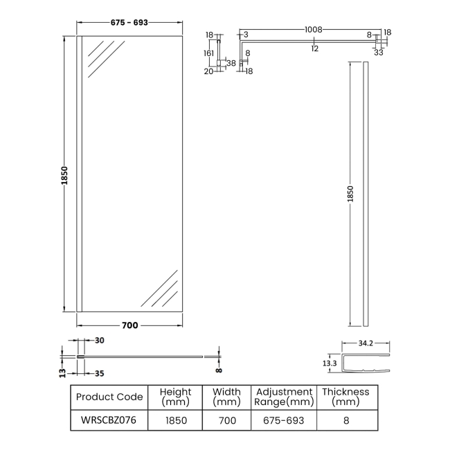 Nuie Wet Room Screen 1850mm High x 760mm Wide with Support Bar 8mm Glass - Brushed Bronze  | Dimension Image