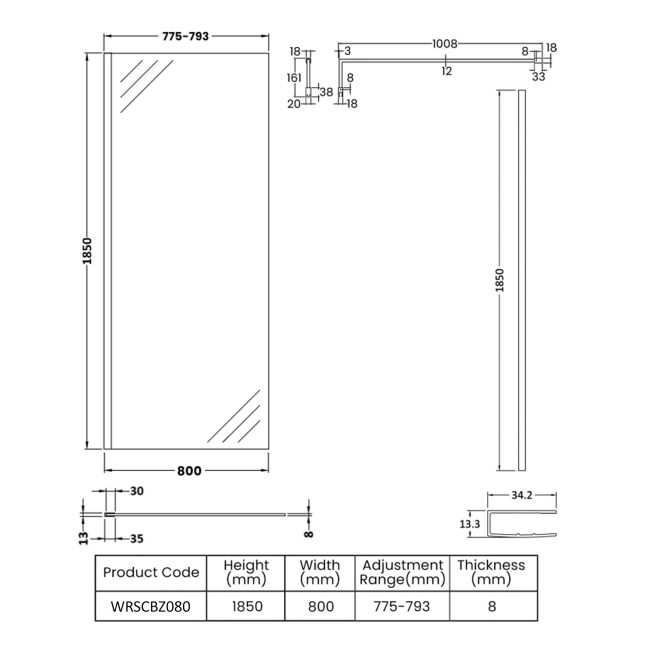 Nuie Wet Room Screen 1850mm High x 800mm Wide with Support Bar 8mm Glass - Brushed Bronze  | Dimension Image